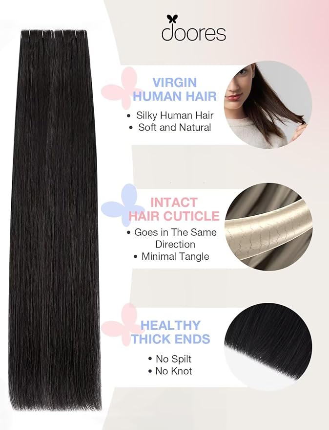 DOORES Injected Tape in Hair Extensions Invisi Edge, Jet Black 20 Injection Tape-ins with 20 Classic Tape-ins 100g 16 Inch, Injected Tape in Extensions Virgin Human Hair Seamless