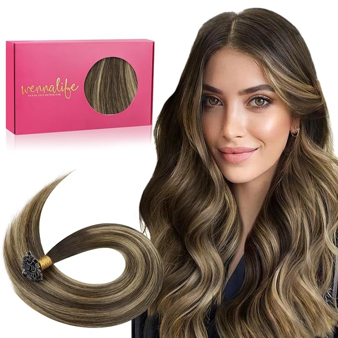 WENNALIFE U Tip Hair Extensions Human Hair, 50g 50s 18 Inch Balayage Chocolate Brown to Caramel Blonde Remy Hair Extensions K Tip Hair Extension Real Human Hair Invisible Straight Keratin Hair