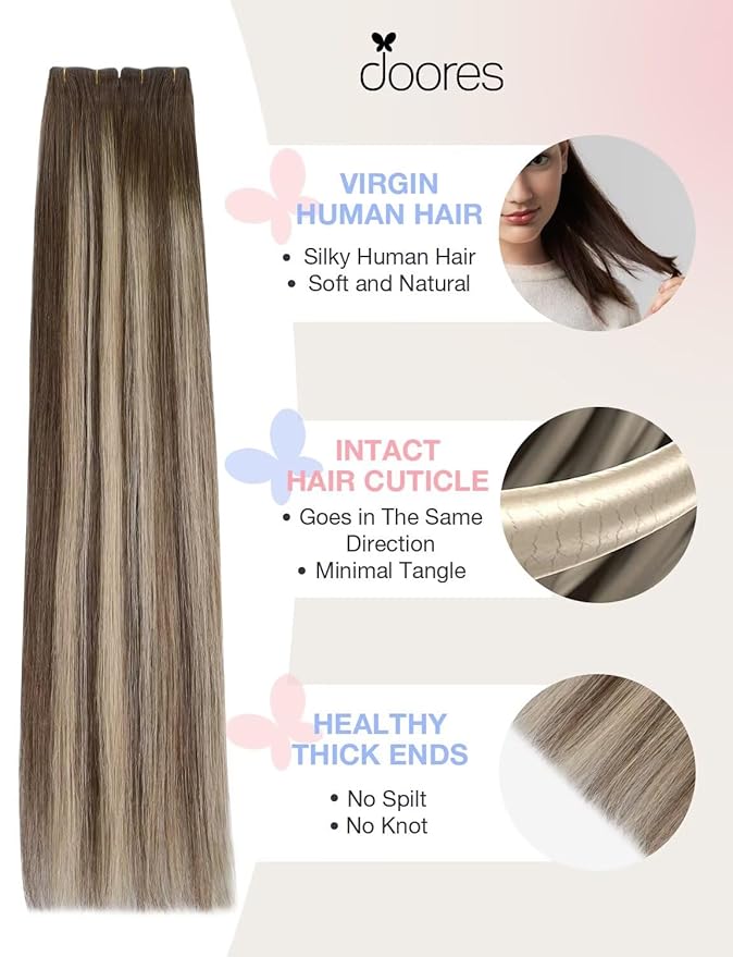 DOORES Invisi Edge Tape in Hair Extensions Human Hair, Chocolate Brown to Honey Blonde 20 Injection Tape-ins with 20 Classic Tape-ins 100g 16 Inch, Virgin Tape in Extensions