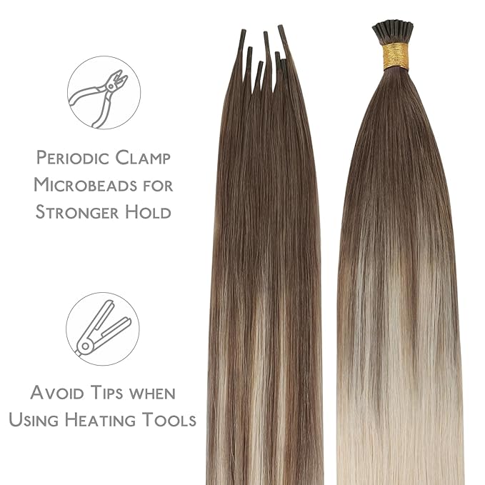 WENNALIFE I Tip Hair Extensions Human Hair, 50g 100s 14 Inch Ombre Sandy Brown to Platinum Blonde Remy Itip Human Hair Extensions Invisible Itips Straight I Tips Fusion Extensions Real Human Hair