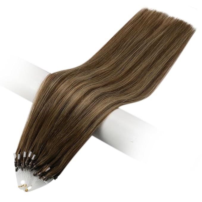 Fshine Micro Ring Human Hair Extensions - Middle Brown Fading to Caramel Highlight, Remy Micro Loop, 20 Inch 50g Balayage Straight Hair