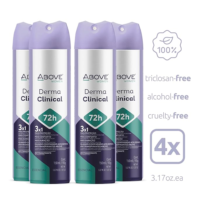 ABOVE 72H Whole Body Spray Deodorant for Women – Derma Clinical(4 Pack) – Aluminum Free Antiperspirant Deodorant Spray – Long-Lasting Protection, No Stains, Vegan, Cruelty-Free, Rose & Musk Scent