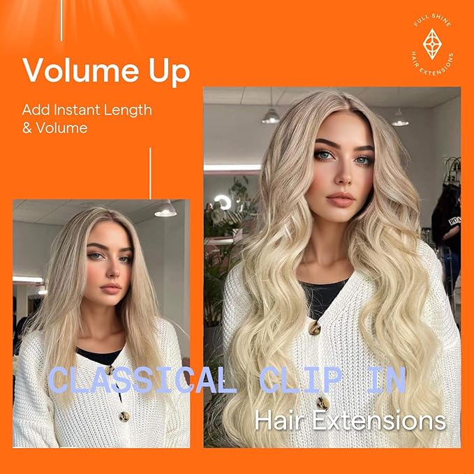 Full Shine Clip in Hair Extensions Real Human Hair Ash Blonde Highlights Platinum Blonde Natural Hair Clip in Extensions Double Weft Soft Straight Remy Brazilian Hair 7 Pcs 20 Inch