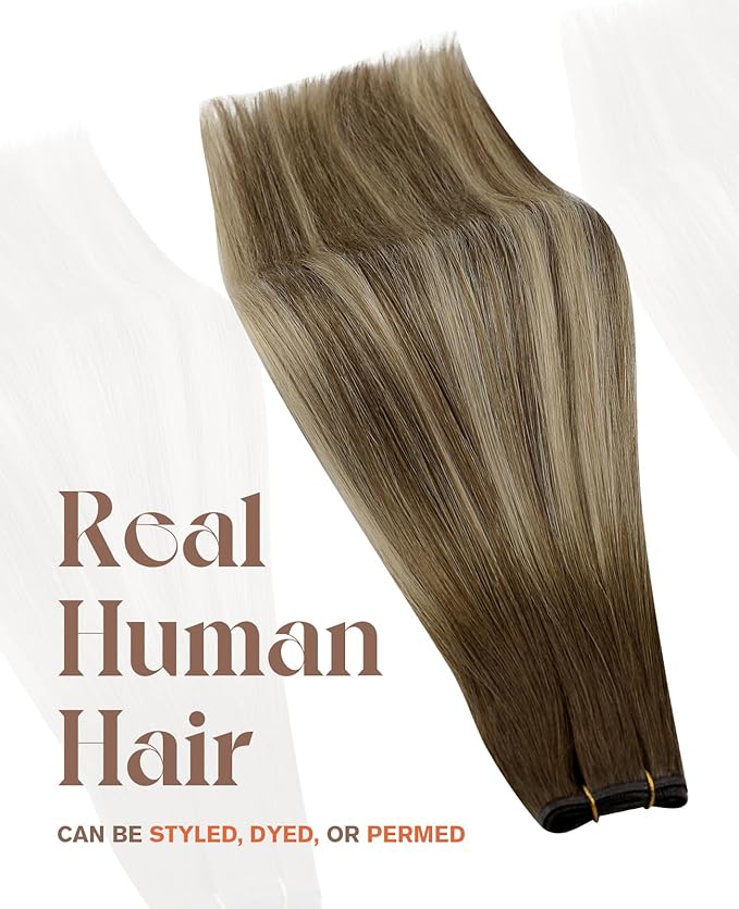 Sunny Hair Genius Weft Hair Extensions Human Hair Ombre Genius Hair Weft Real Human Hair Brown Blonde Hand Tied Sew in Hair Extensions Genius Weft Balayage Dark Brown to Light Brown Mix Blonde 18inch