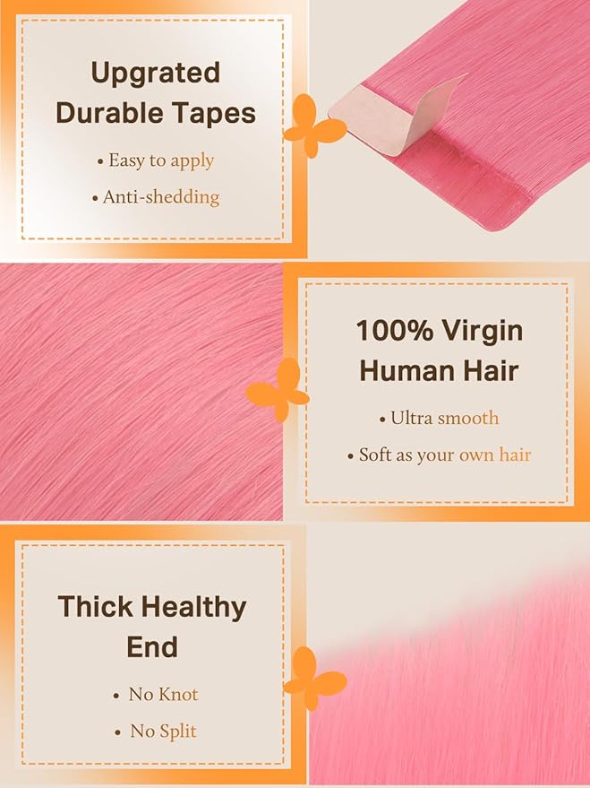 DOORES Tape in Hair Extensions Real Human Hair, Light Pink Tape in Hair Extensions, Natural Remy Hair Extensions Straight Hair, 25g 10pcs 16 Inch