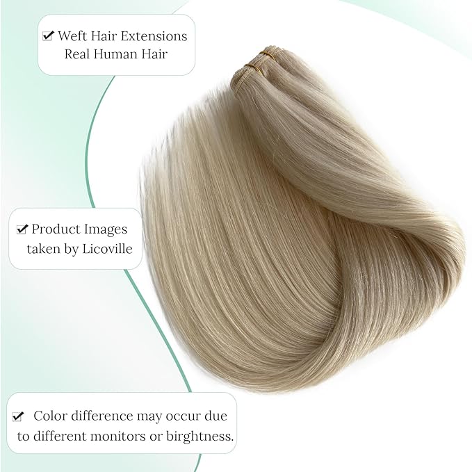 Licoville Weft Hair Extensions Sew in White Blonde Real Human Hair Weft Extension Sew in Bundles 14 Inch 80G Soft Straight Platinum Blonde Hand Tied Weft Hair Extensions Human Hair for Women