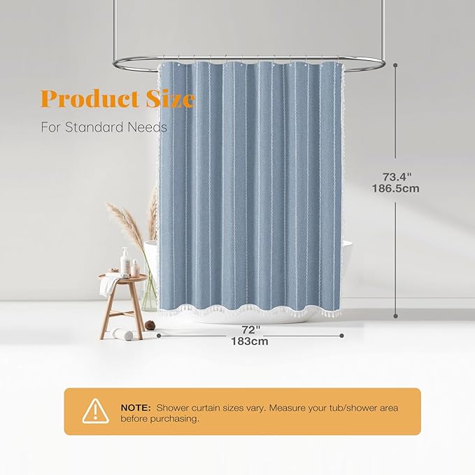 BTTN Boho Farmhouse Shower Curtain, Linen Rustic Weighted Striped Fabric Shower Curtain Set with Tassel, Water Repellent, Bohemian Vintage Country Cloth Shower Curtains for Bathroom, Blue, 72x72
