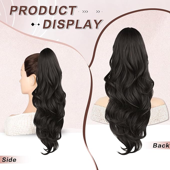 Ponytail Extension, Drawstring Ponytail Extension for Women 23 Inch Long Dark Brown Wavy Pony Tails Hair Extensions Synthetic Clip in Ponytail Hairpiece for Women