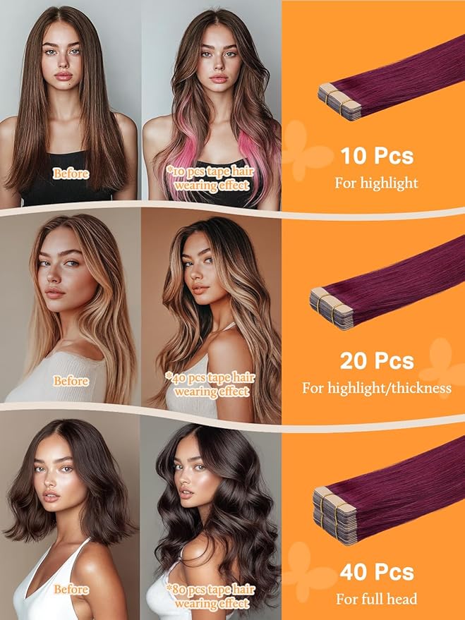 DOORES Tape in Hair Extensions, Burgundy 12 Inch 80g 40pcs, Straight Hair Extensions Tape in Straight Human Hair Remy Hair Extensions Thick Hair Natural Hair