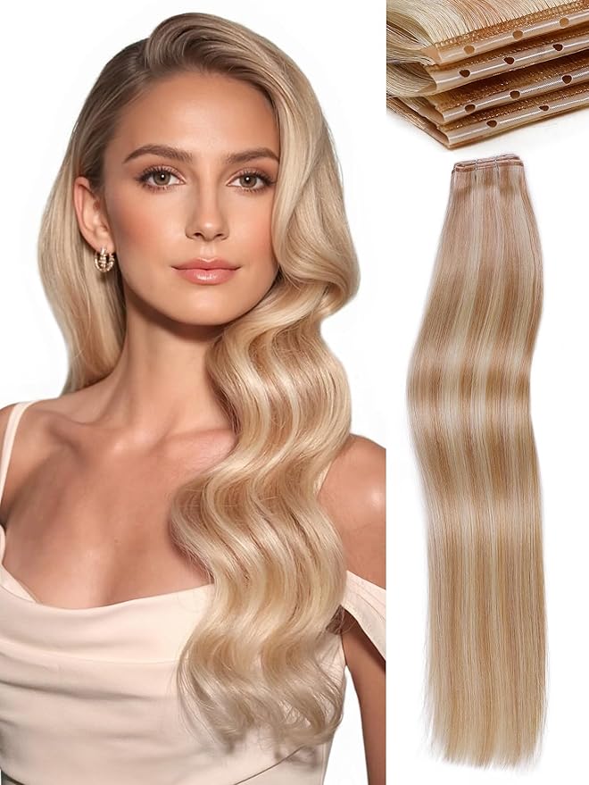 WIGNEE 20 Inch Double Layered PU OVO Strawberry Highlight Blonde Weft Hair Extensions Human Hair with Beads 100% Real Remy Human Hair Extensions Glueless (18/613)