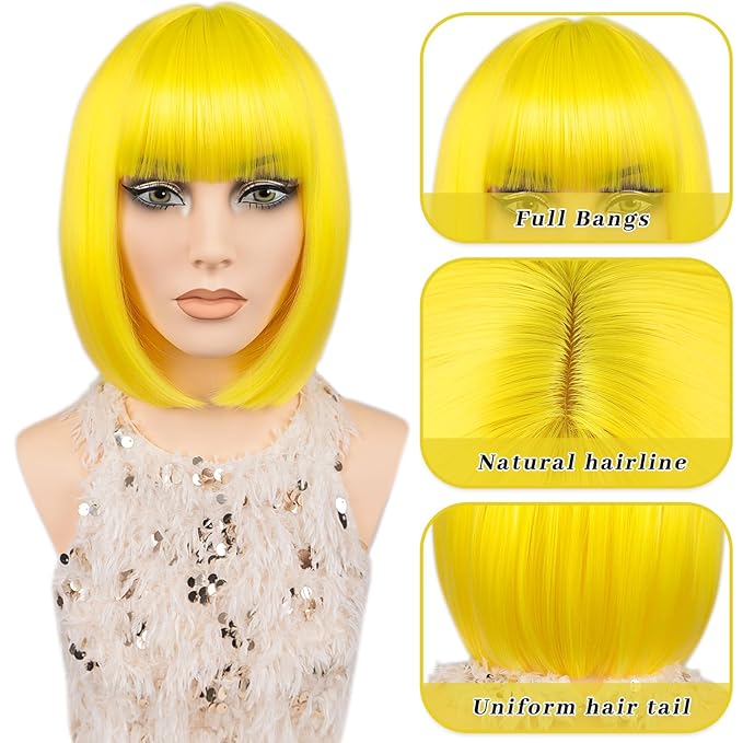 MAYSA Yellow Bob Wig with Bangs for Women Short Straight Neon Bob Wig 12in Synthetic Cosplay Daily Party Colorful Wigs # Yellow