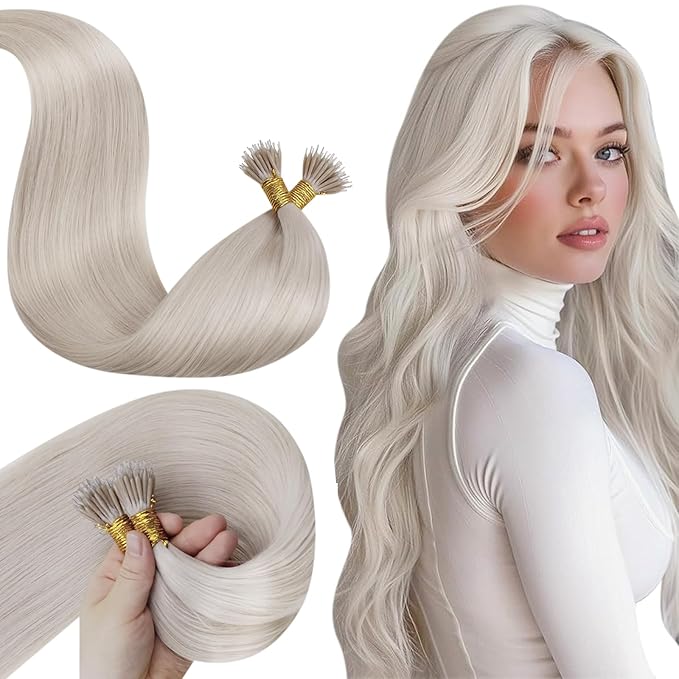 LaaVoo Nano Ring Hair Extensions Platinum Blonde Nano Bead Hair Extensions Human Hair Blonde 18IN 50s 50g
