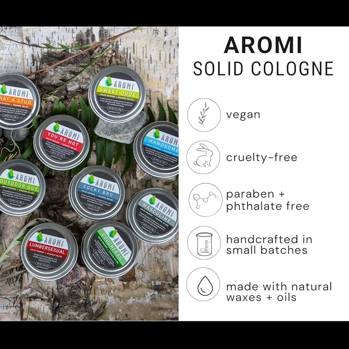 Aromi Solid Cologne for Men | Sweet Musky Fragrance, Powdery Scent, Wax-Based, Travel, Sandalwood, Small Men's Gift (Masculine)