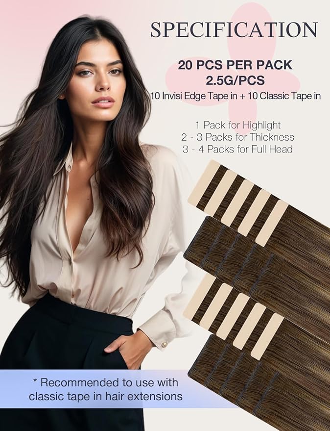DOORES Invisi Edge Tape in Hair Extensions Real Human Hair, Chocolate Brown to Caramel Blonde 10 Injection Tape-ins with 10 Classic Tape-ins 50g 14 Inch, Injection Tape in Extensions