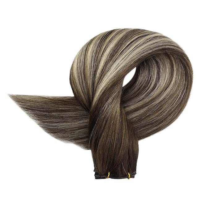 Fshine Genius Weft Human Hair Extensions Balayage Dark Brown to Blonde Sew in Hair Extensions Real Human Hair Balayage Remy Hair Clip in Extensions Brown Balayage 18inch 50g