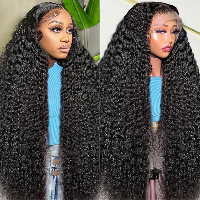 13x6 Deep Wave Lace Front Wigs Human Hair 28 Inch 200 Density HD Lace Frontal Glueless Wigs Human Hair Pre Plucked Deep Curly Natural Black