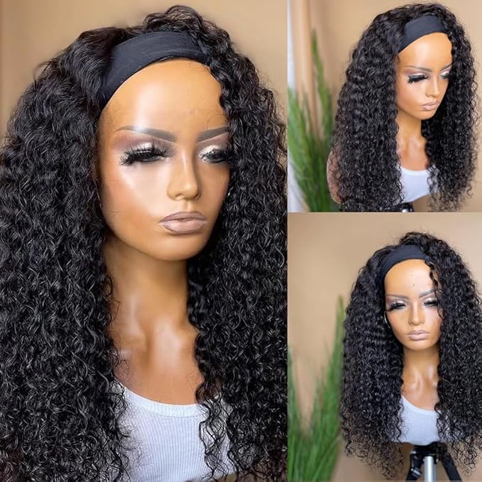Deep Wave Headband Wig Human Hair 18Inch Glueless Non Lace Front Wig Machine Made Wigs 180% Density Brazilian Wet and Wavy Curly Hair Headband Half Wigs for Black Women Natural Black Color