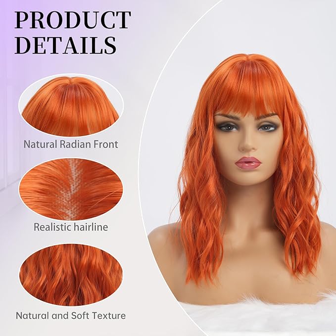 Orange Wigs with Bangs for Women Synthetic 16 inch Medium Length Wigs with Natural Long Wavy Fringe Bang wig Heat Resistant Hair for Daily Party Use(Orange)