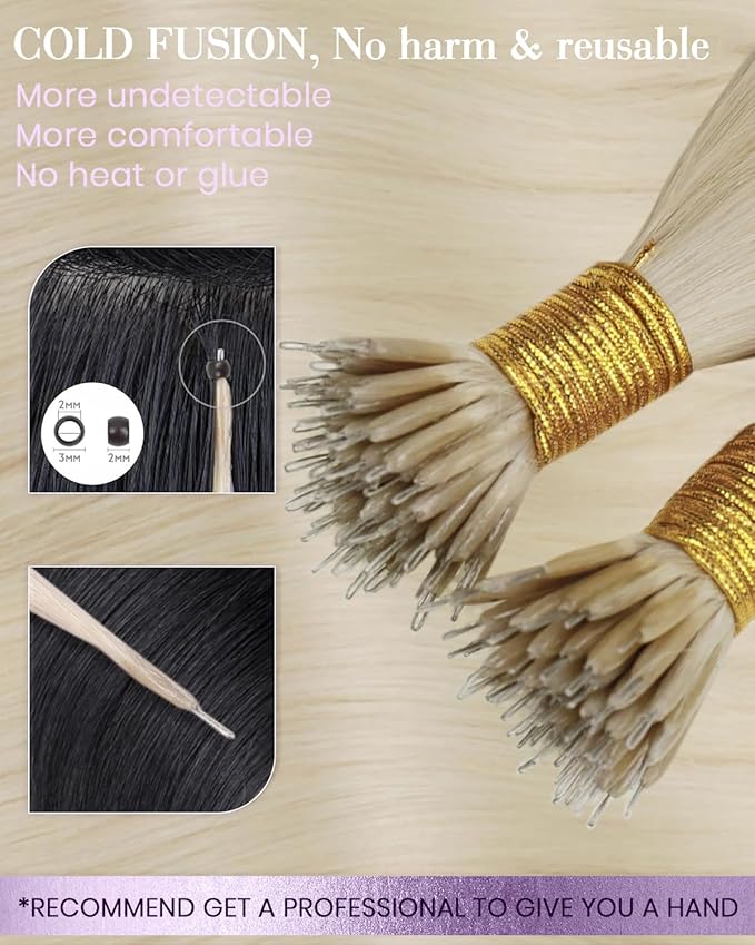 LaaVoo Nano Bead Hair Extensions Human Hair Bleach Blonde Nano Human Hair Extensions Cold Fusion Nano Hair Extension Real Straiht 50s 50g 16 Inch