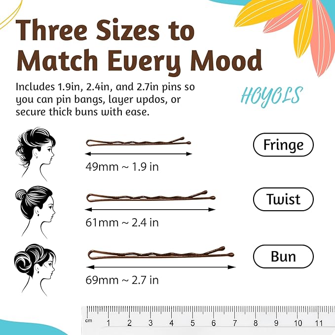 HOYOLS Brown Bobby Pins for Women Hair, 150 Pcs in 3 Sizes (1.9", 2.4", 2.7") for Updo, Bun, Styling Hair Accessories for Thick & Thin Hair (Brown)