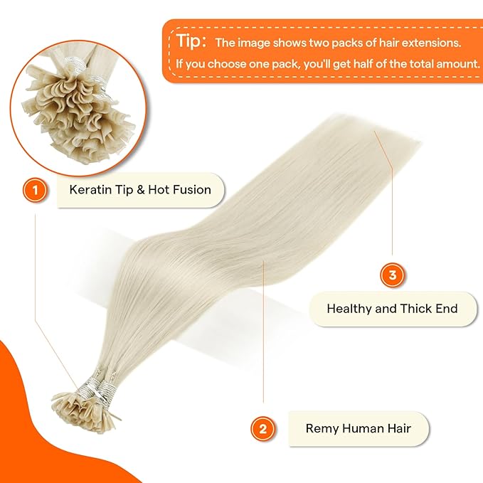 Full Shine Utip Human Hair Extensions Color 1000 White Blonde 20 Inch 50 Grams Fusion Hair Extensions Human Hair Keratin Extensions Natural Straight Remy Hair