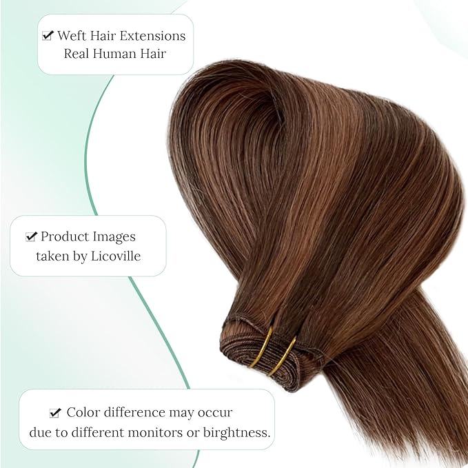 Human Hair Weft Sew in Hair Extensions Real Human Hair Medium Auburn Brown Hand Tied Weft Hair Extensions 12 Inch 80G Silky Straight Medium Brown and Auburn Highlights Extensions Sew in Weave Bundles