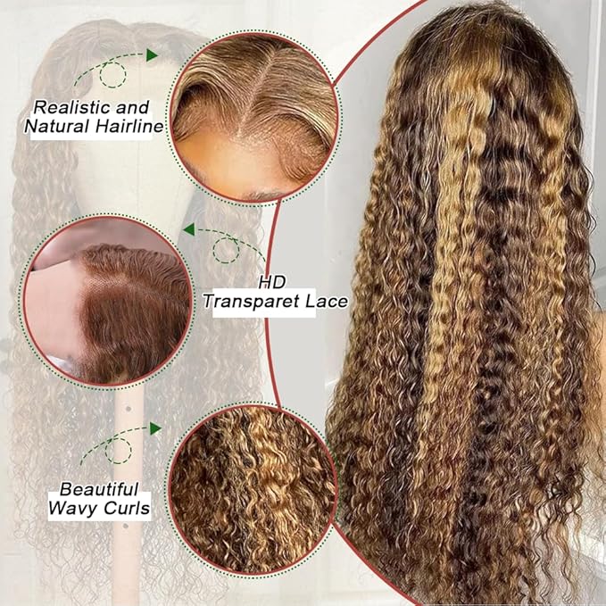 Azibo 13x5 Full Lace Front Wigs Human Hair Pre Plucked 30inch 200 Density Water Wave 4/27 Honey Blonde Lace Front Wig Human Hair
