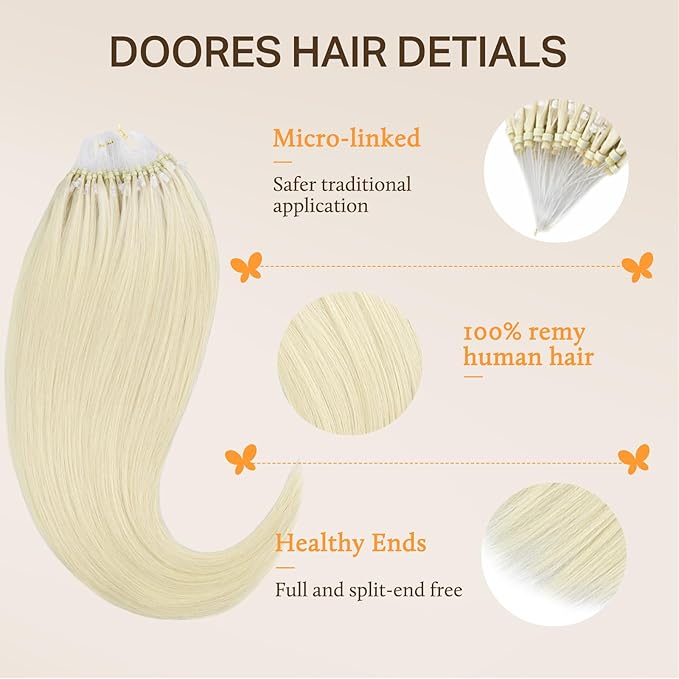 DOORES Micro Link Hair Extensions Human Hair, Platinum Blonde 14 Inch 50g/50s, Virgin Human Hair Micro Ring Hair Extensions Human Hair Remy Hair