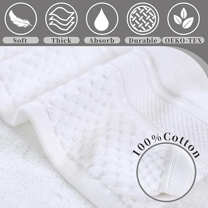 Durable Towel Set for Bathroom, Set of 8（2PC Bath 31"x62",2PC Hand 18"X30",4PC Wash 12"X12") - 100% Cotton | Thick 560GSM | Quick Dry | Soft | Absorbent, Luxury Hotel Towels for Shower, White