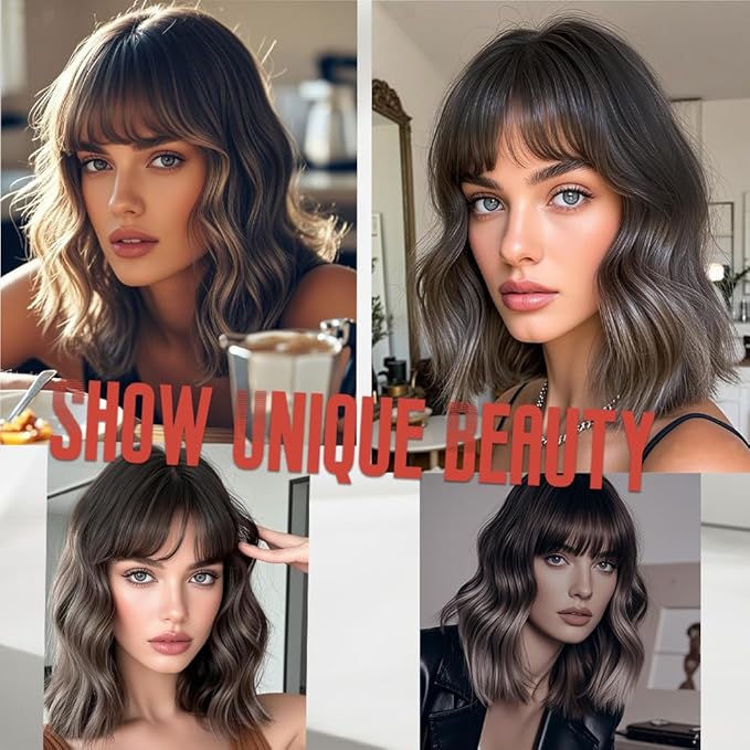WAVE&BREEZE Short Gray Wigs with Bangs 14Inch Ombre Grey Mixed Brown Curly Bob Wig for Women Shoulder Length Natural Looking Hair Replacement Wig for Daily Party Use Cosplay Costume Halloween Wig