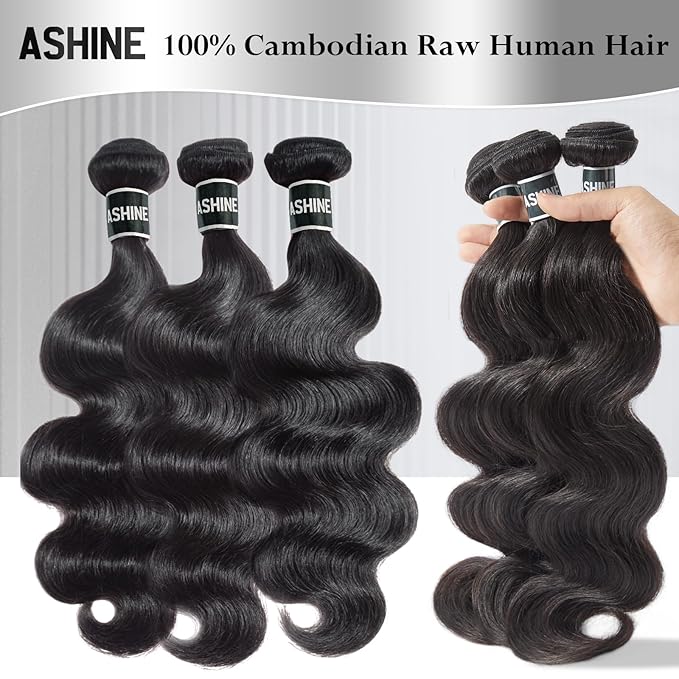 ASHINE Human Hair Bundles Body Wave Straight, Unprocessed Cambodian Raw Hair Bundles for Women Natural Black 16 18 20 Inch, Keep Soft and Silky After Multiple Washes