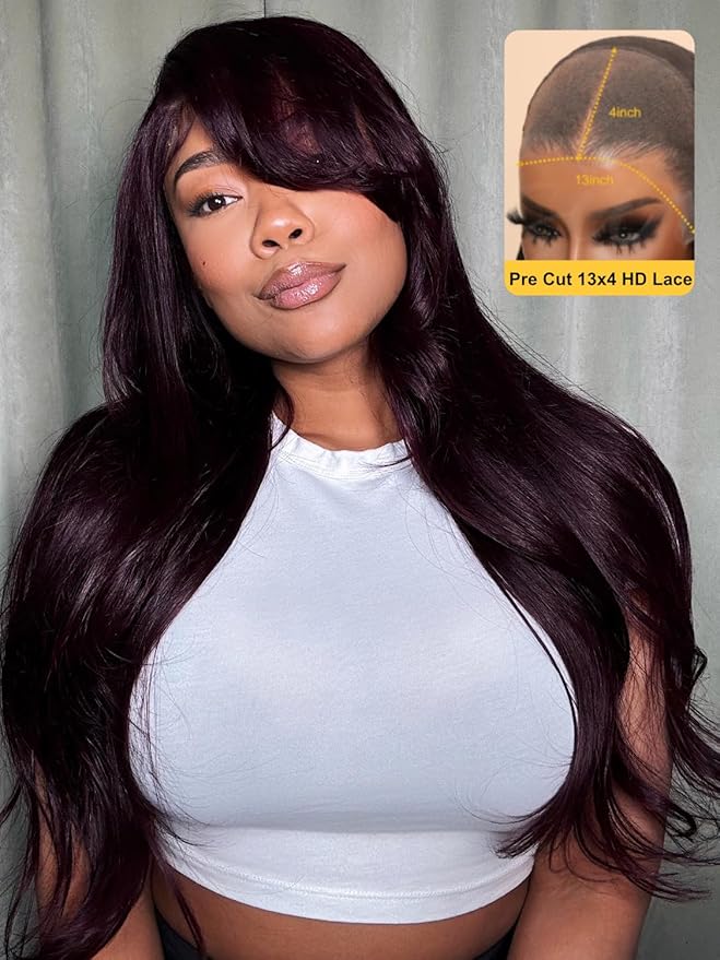 Sunber Black Cherry Layered Straight 13x4 Pre Cut Lace Front Wigs Human Hair Pre Everything Glueless Ready to Go Wig 180% Density Pre Plucked Pre Bleached Invisible Knots Burgundy Plum Straight 20Inch