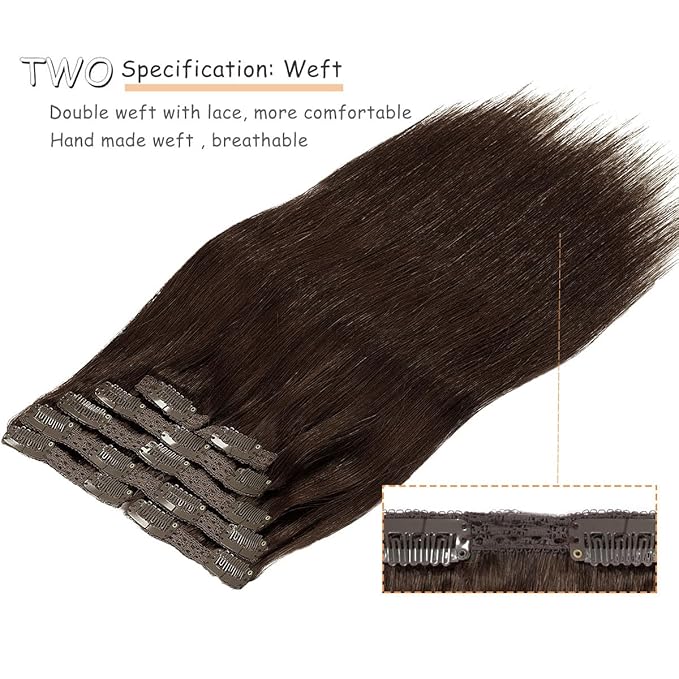 Caliee Light Dark Brown Hair Extensions Clip in Human Hair 18Inch Long Hair Clip in Hair Extensions for Thin Hair 100% Brazilian Virgin Human Hair Color 2A Lace Double Weft 7PCS 120G