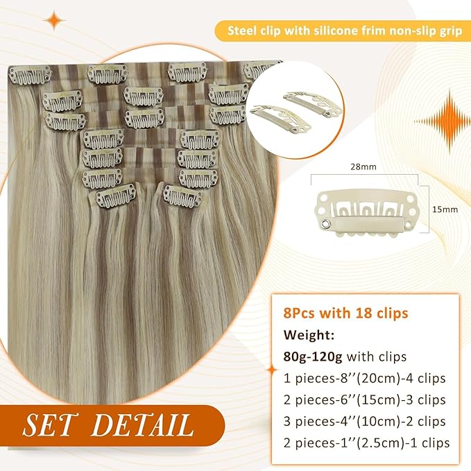 Full Shine Human Hair Clip in Extensions Blonde Clip in Hair Extensions Mix Ash Blonde 20 Inch Invisible Hair Extension PU Weft for Women Full Head 8 PCS 120 G