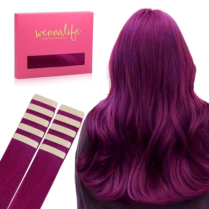 Wennalife Tape in Hair Extensions Human Hair Violet Tape in Extensions, 10pcs 30g 22 inch Remy Invisible Tape Ins Straight Colored Soft Real Human Hair Tape in Extensions Refill Set Extensions