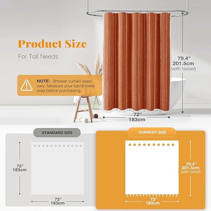 BTTN Boho Farmhouse Shower Curtain - Linen Rustic Heavy Duty Striped Fabric Shower Curtain Set with Tassel, Bohemian Vintage Country Cloth Shower Curtains for Bathroom，Orange，72"W x 78"L (Pack of 1)