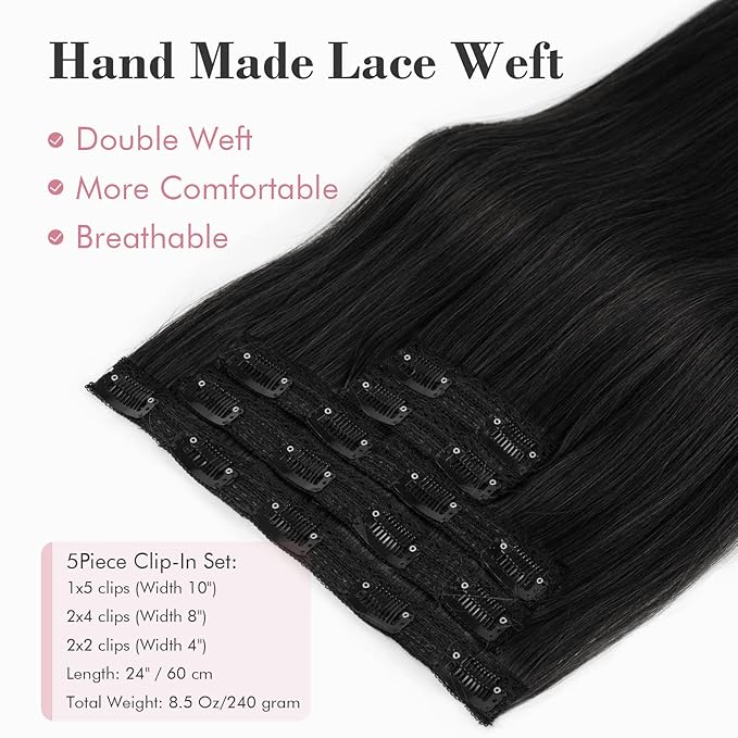 REECHO Clip in Hair Extensions, Hair Extensions Thick Long Lace Weft Lightweight Synthetic Hairpieces for Women (24 Inch-240 Gram(Pack of 5), Black)