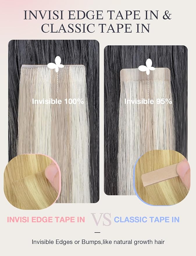 DOORES Invisi Edge Human Hair Tape in Extensions, Drity Blonde Highlight Golden Blonde 10 Injection Tape-ins with 10 Classic Tape-ins 50g 16 Inch, Injected Tape in Extensions Straight