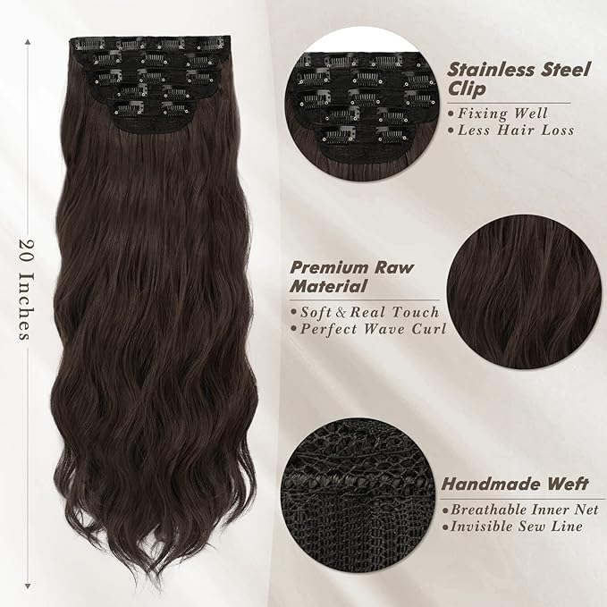 BARSDAR Dark Chocolate Brown Wavy Clip in Hair Extensions - 20 Inch Brown Clip in Hair Extensions for Women - 5PCs Thick Soft Synthetic Hairpieces Daily Party Halloween