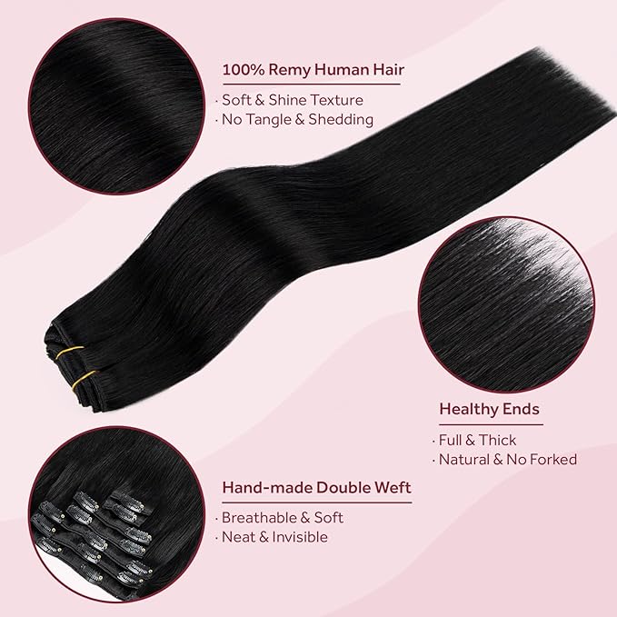 Clip in Hair Extensions Real Human Hair, Jet Black 100% Human Hair Extensions Clip in, Tangle-free Silky Straight Hair Extensions for Women, #1 24Inch 120G 7PCS