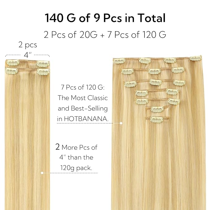 HOTBANANA Clip in Hair Extensions Real Human Hair, 135g 9pcs 14 inch Light Blonde Highlighted Golden Blonde Straight Remy Clip in Extensions Full Head for Women