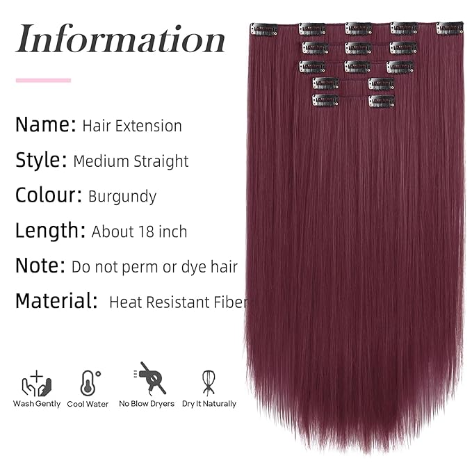 Burgundy Clip in Extensions 18 Inch Long Invisible Thick Synthetic Fake Extension Straight Clips on Hair Pieces 5PCS Soft And Not Easily Knotted Hairpieces for Women Weddings Daily Use 6.5 Oz