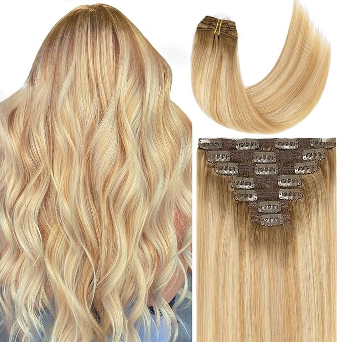 Caliee 22 Inch Hair Extensions Clip in Human Hair R8-12/60A Light Brown to Light Golden Blonde Mixed Platinum Blonde Seamless Clip in Hair Extensions Real Human Hair Thick Ends Soft Straight 140 G