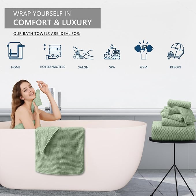8 Piece Bathroom Towel Set Green |2 Oversized Large Bath Towels Sheet,2 Hand Towels and 4 Washcloths| 600GSM Ultra Soft Luxury Premium Towel Set Highly Absorbent Quick Dry Hotel Towel Collection