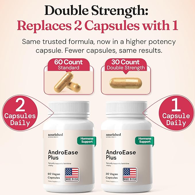 Nourished AndroEase Plus Double Strength – Vegan Hormone Balance for Women – Zinc, Reishi, Green Tea and Saw Palmetto – for Energy, Vitality, Facial Hair and Daily Wellness – 30 Capsules, Made in USA
