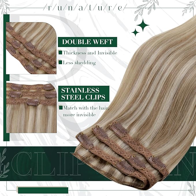 RUNATURE Human Hair Clip in Extensions Straight, Remy Clip in Hair Extensions Real Human Hair for Women, Remy Brazilian Hair, 16 Inch 50g 3pcs #8P60 Ash Brown Highlight Platinum Blonde