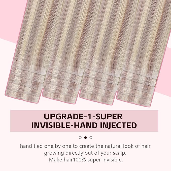Invisible Tape in Hair Extensions Real Human Hair 3rd-Generation #18p613 Ash Blonde with Bleach Blonde 20pcs 30g 14inch Seamless Injected Hand-Tied Tape ins Extensions（#18p613-14inch）