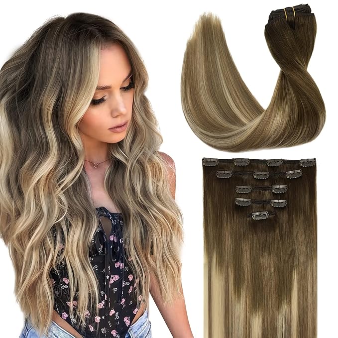 DOORES Clip in Human Hair Extensions, 5pcs 85g Balayage Walnut Brown to Ash Brown and Bleach Blonde 22 Inch Real Human Hair Extensions Clip in Remy Extensions