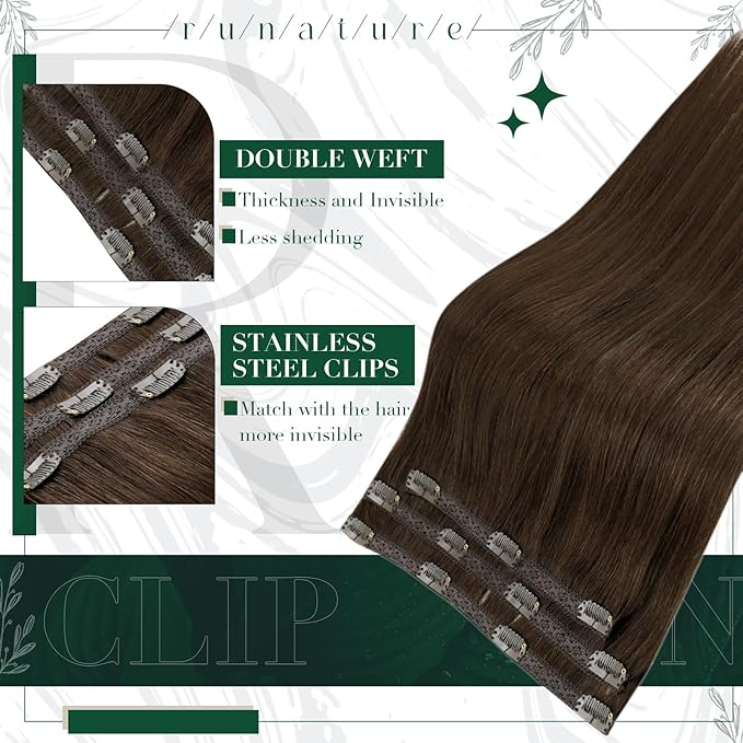 RUNATURE Real Hair Extensions Clip in Human Hair, Brown Clip in Hair Extensions for Women, Double Weft Straight Remy Extensions Natural Soft 16 Inch 50g 3pcs #4 Medium Brown