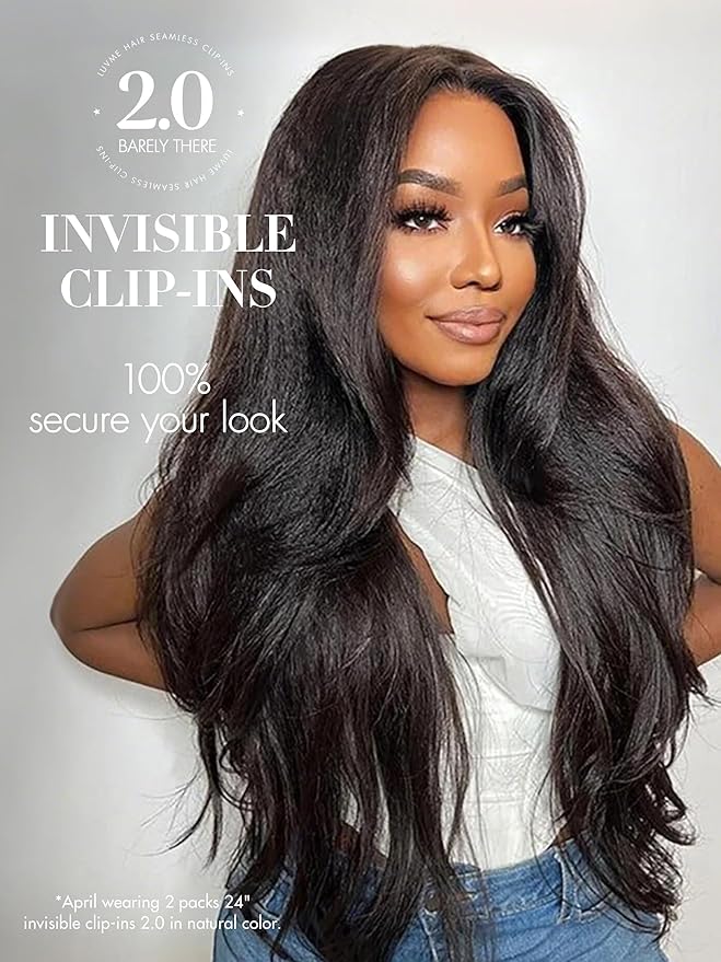 LUVME Invisible Clip in Hair Extensions, Kinky Straight Real Human Hair 18 Inch 2 Pack 220g 14pcs Clip ins Hair Extensions Natural Black for Women